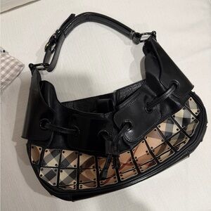Burberry Black Nova Check Small Warrior Hobo Bag